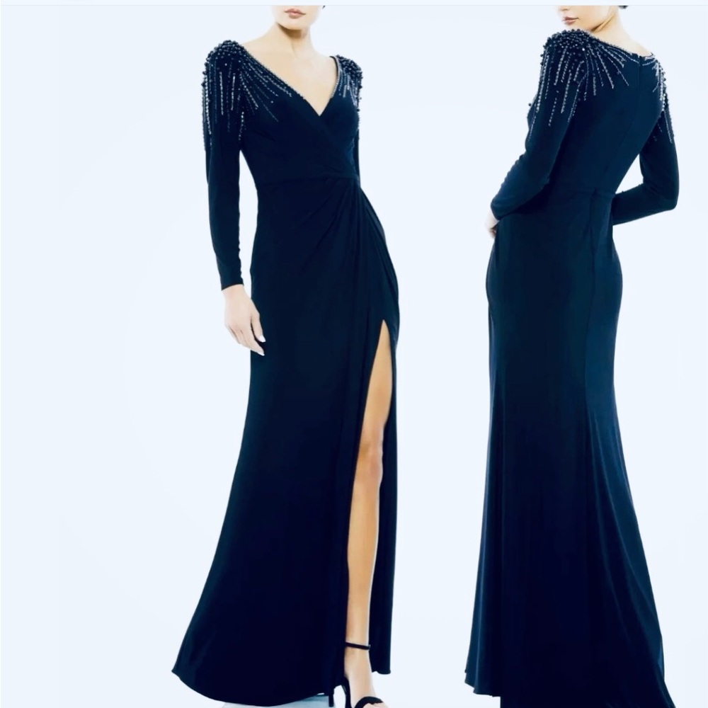Elegant Black Evening Gown with Beaded Shoulders